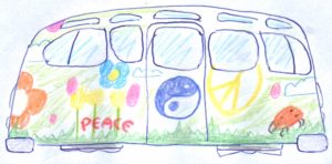 Image of a hover-bus with flowers and peace symbols painted on the side