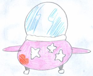 Image of a soucer looking plane painted pink with stars and lips shapes