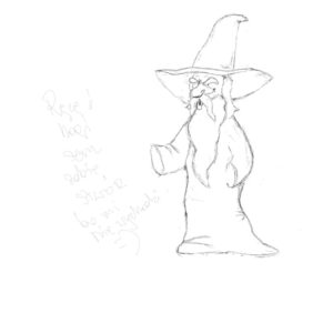 Image of a wizard with a long beard and a pointy hat but without hands or feet drawn